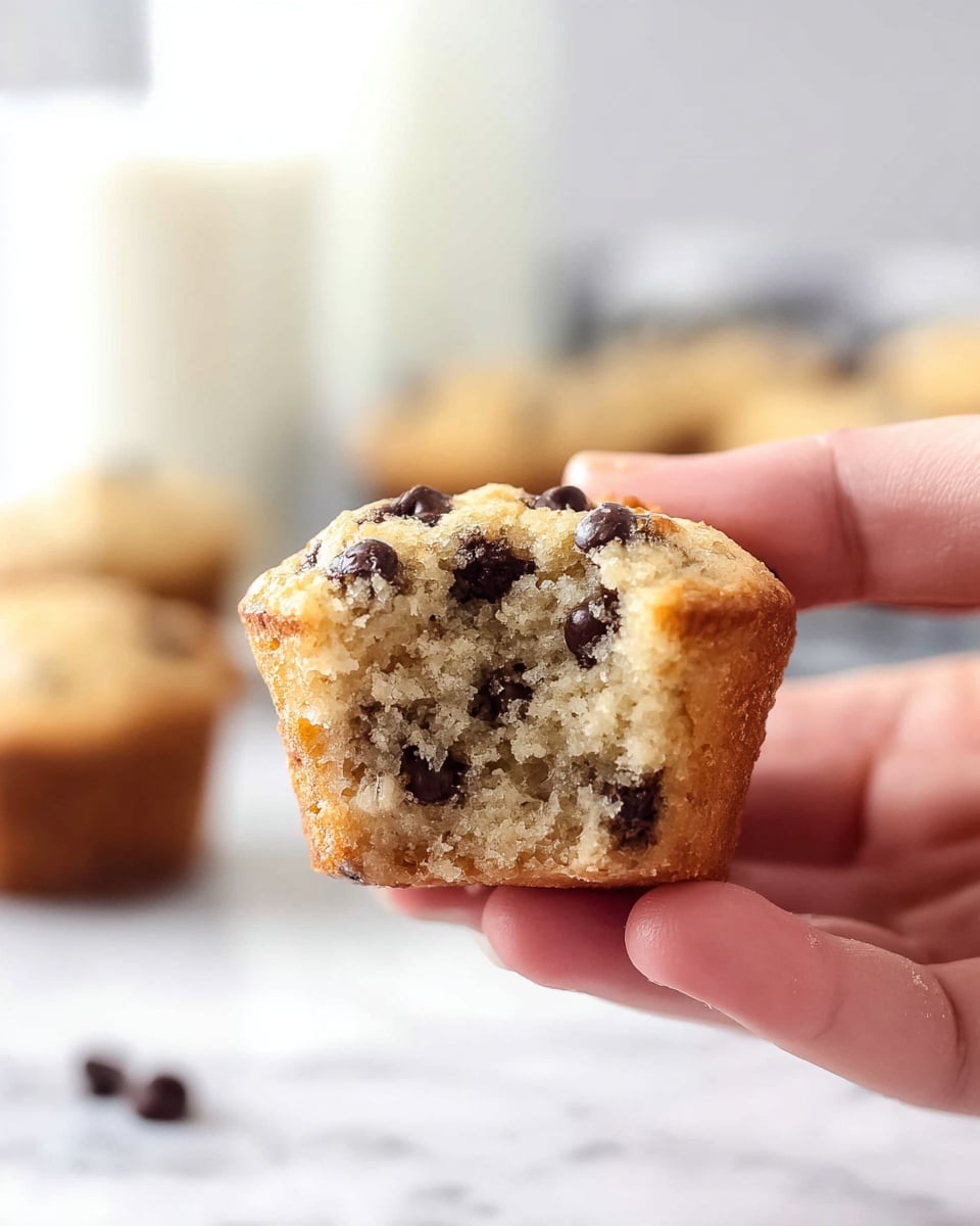 A close-up image shows a woman's hand holding a small, moist muffin with visible dark chocolate chips embedded throughout its light golden-brown, soft texture. The muffin has a slightly crumbled top edge and a smooth interior filled with evenly spread chocolate chips. In the blurred background, there are more muffins resting on a white marbled surface and two out-of-focus glasses of milk. The overall scene is bright with soft natural lighting, highlighting the muffin's crumbly yet tender texture. Photo taken with an iphone --ar 4:5 --v 7