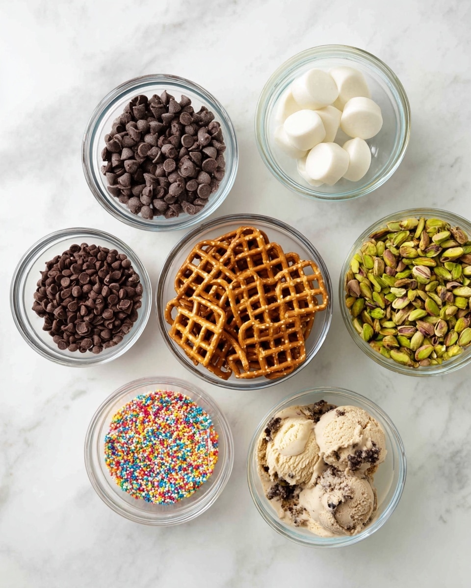 The image shows seven small bowls arranged on a white marbled surface. The top left bowl is filled with dark brown chocolate chips, the middle bowl holds a few white dollops of a creamy substance, and the top right bowl contains small dark brown chocolate sprinkles. In the middle center, a bowl is filled with golden brown square pretzels with a lattice pattern. Below the pretzels on the right, a bowl with bright green chopped pistachios is seen, and below that, a bowl filled with light beige ice cream mixed with small dark pieces. The bottom left bowls hold chopped light brown nuts and colorful rainbow sprinkles, respectively. All bowls are white or clear glass, arranged neatly without overlap. Photo taken with an iphone --ar 4:5 --v 7