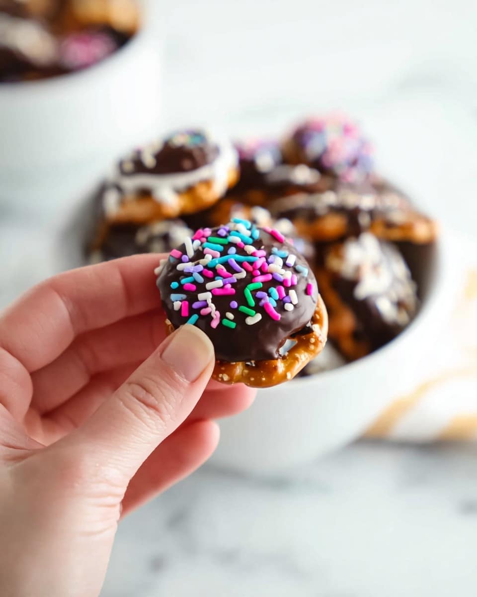 A close-up of a woman's hand holding a small snack made of a crispy light brown pretzel base covered halfway with smooth dark chocolate on top. The chocolate is sprinkled with colorful, thin round sprinkles in pink, blue, green, white, purple, and red. In the background, a white bowl filled with similar pretzel snacks, some topped with chocolate and sprinkles, sits on a white marbled surface. The overall look is bright, clean, and inviting with a simple focus on the sweet and salty treat photo taken with an iphone --ar 4:5 --v 7