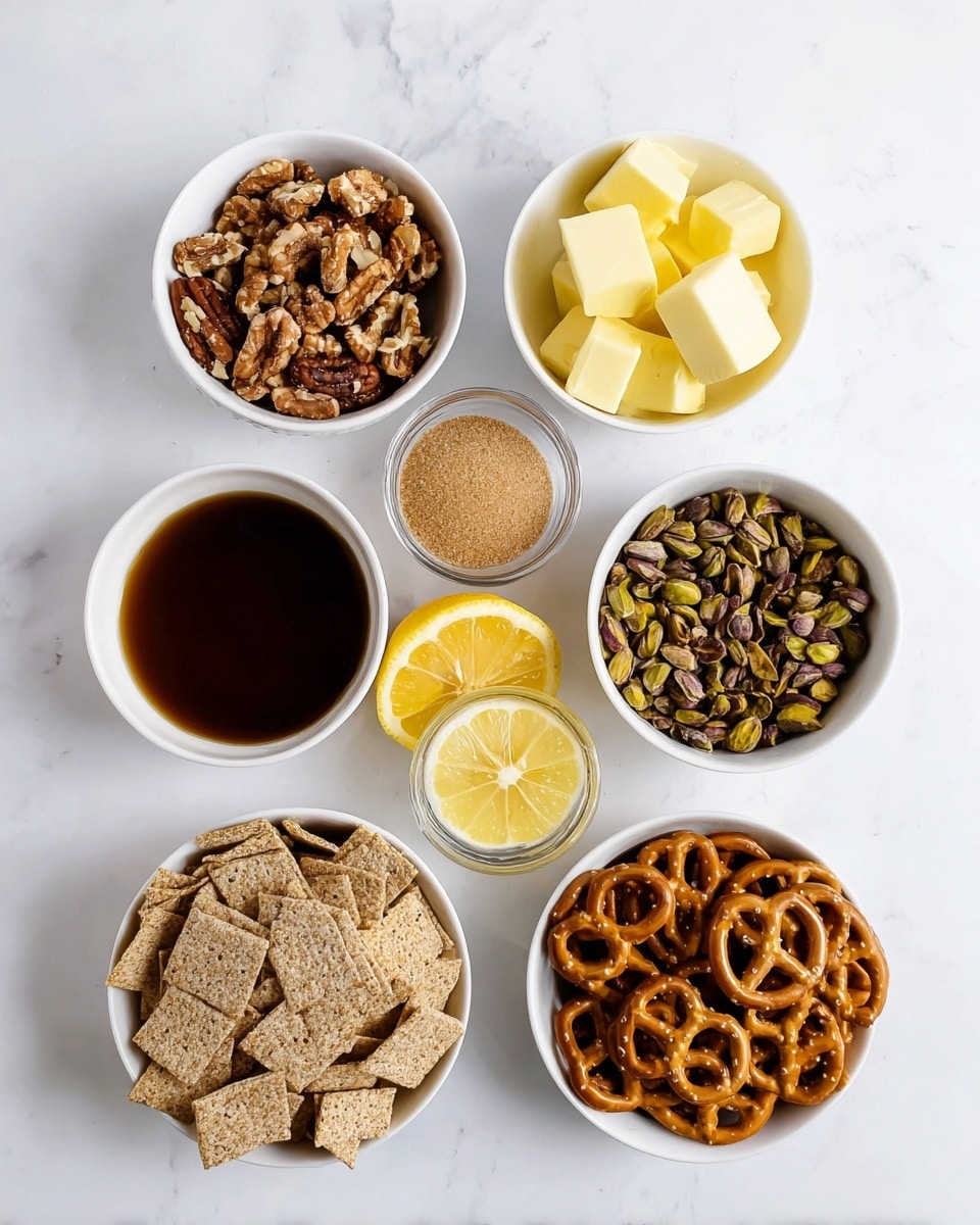 The image shows seven small white bowls and two lemon halves placed on a white marbled surface. The top left bowl has mixed nuts in light brown, tan, and darker brown colors with a rough texture. Next to it at the top center is a bowl with pale yellow butter cubes, smooth and creamy. To the top right, a bowl full of dark green and brown pistachios is visible with a dry texture. Below them, on the left side is a white bowl filled with dark brown liquid, shiny and smooth. In the center bottom area, two lemon halves show bright yellow and juicy inside. Next to the lemon halves are two small clear glass bowls, one with brown sugar and the other with light beige powder. At the bottom left is a bowl stacked with crunchy multi-colored square cereal pieces in light brown and yellow tones, showing a grid texture. Lastly, at the bottom right is a bowl full of golden brown pretzels with a shiny, salt-speckled surface. Photo taken with an iphone --ar 4:5 --v 7