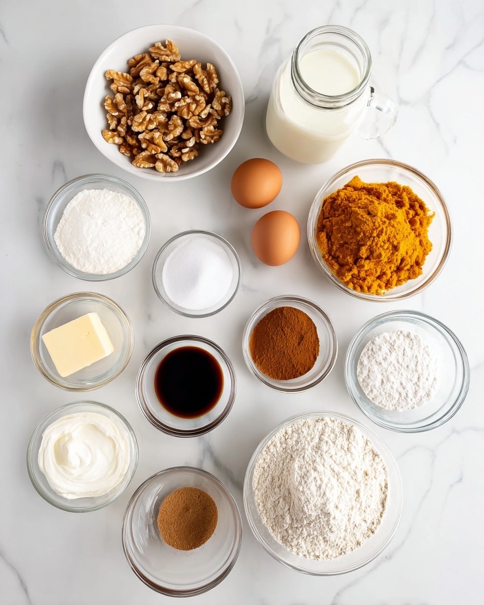 The image shows 12 small white and clear glass bowls arranged neatly on a white marbled surface, each filled with different baking ingredients. Starting from the top left, there are chopped walnuts in a white bowl, brown sugar in a clear bowl below it, white whipped cream or frosting in a white bowl below the sugar, two brown eggs placed side by side below the whipped cream, and a small cube of butter in a clear bowl at the bottom left. In the center, a clear bowl with white salt sits above a small clear bowl filled with a dark liquid, possibly vanilla extract, then below this a small clear bowl with a brown powder, likely cinnamon, and to the right of it a clear bowl with white powder, possibly baking powder. To the top right, a mason jar filled with milk, below it a white bowl with orange pumpkin puree, and below that a white bowl filled with flour complete the setup, showing all the common baking ingredients used for a pumpkin-based recipe. Photo taken with an iphone --ar 4:5 --v 7