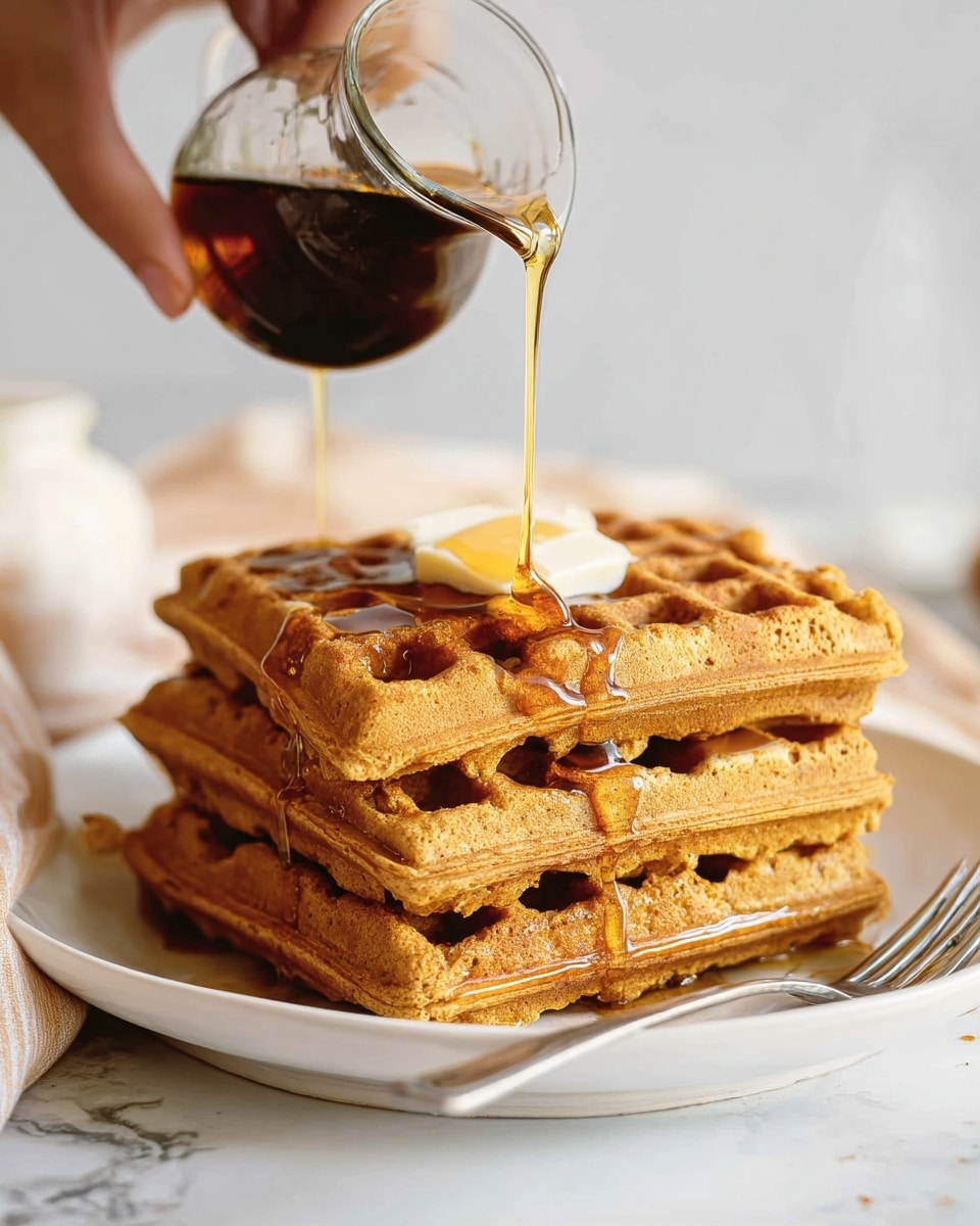 A stack of four thick, golden-brown waffles sits on a white plate, each layer showing a crispy, textured surface with small bubbles and edges slightly uneven. On top of the stack, a small square of pale yellow butter gently melts, softening its edges. A dark amber syrup is being poured from a small glass container held by a woman's hand, flowing smoothly down the top waffle and dripping slowly over the sides in a glossy stream. A silver fork rests at the edge of the plate on a white marbled surface, and the background is softly blurred with light, neutral tones. Photo taken with an iphone --ar 4:5 --v 7