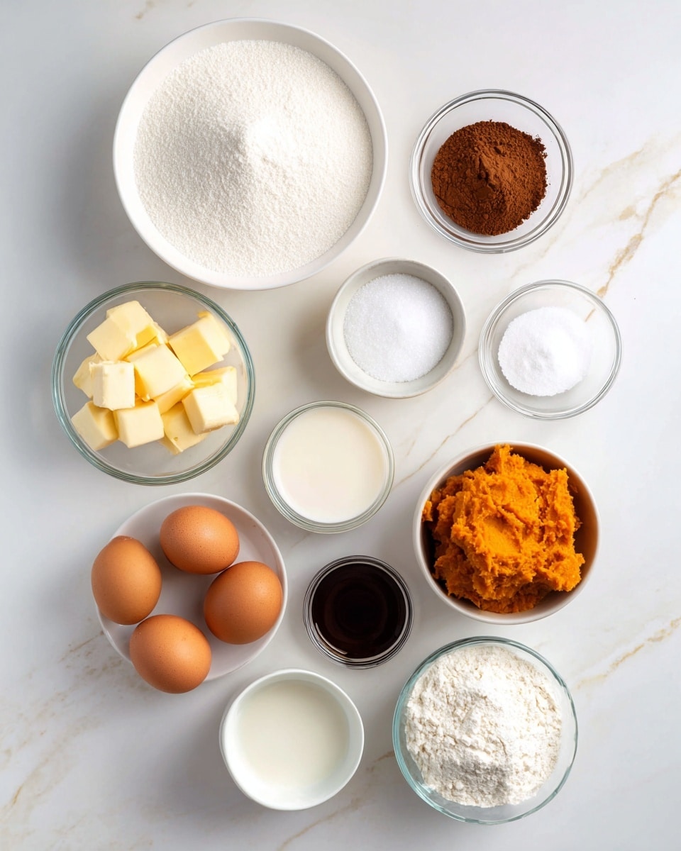 A white marbled surface holds a neat arrangement of baking ingredients in white and clear glass bowls. Starting from the top left, a large white bowl filled with white granulated sugar, to its right a small clear glass bowl with brown cocoa powder, below that a small clear bowl with white powder, and next to it a white bowl with yellow cubes of butter. Below the butter, a small clear glass bowl of cream or milk. Below the sugar bowl, there are three brown eggs placed close, with one more brown egg near the center. Next to the eggs is a small clear bowl with dark vanilla extract. Below this is a white bowl with white powdered sugar. To the right, near the bottom right corner, a white bowl with orange mashed sweet potato. A small clear bowl with white baking powder completes the layout. The colors are soft and natural, all set neatly on the white marbled surface. Photo taken with an iphone --ar 4:5 --v 7