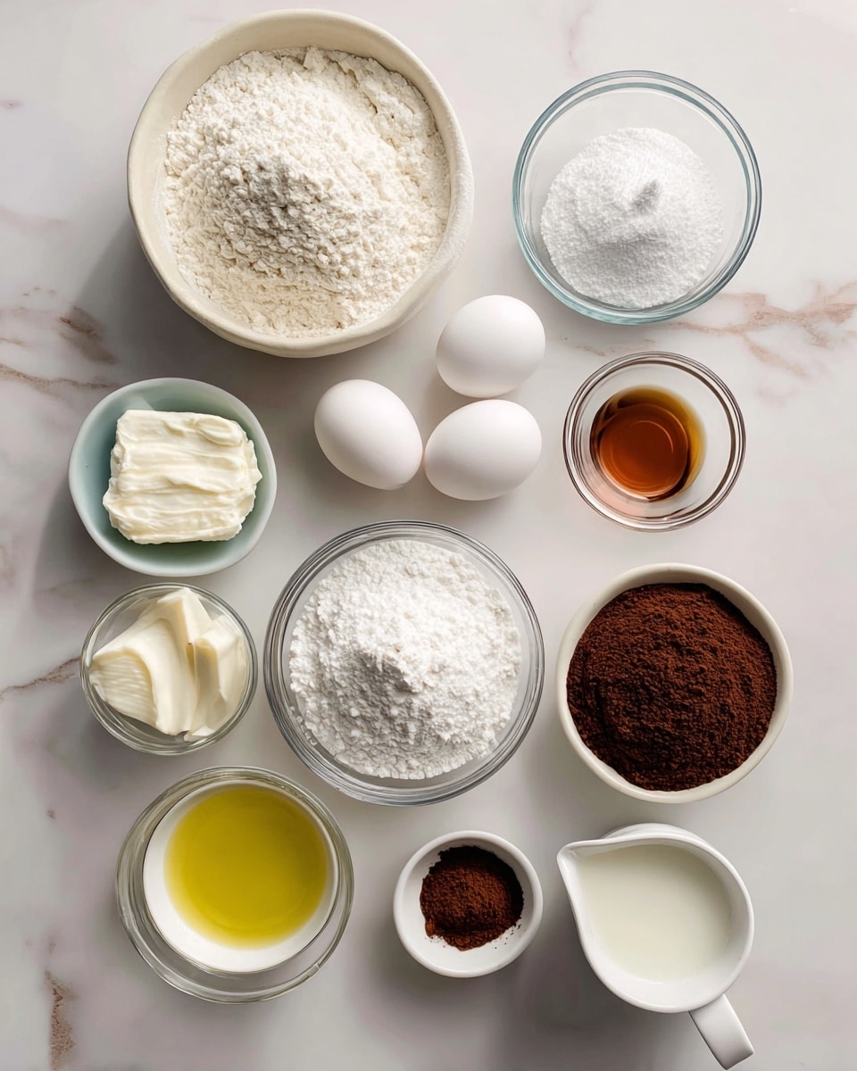 The image shows a top view of a white marbled surface with several clear glass bowls and white measuring cups holding various baking ingredients arranged neatly. On the top left, there is a medium-sized bowl filled with white flour, and above it a smaller bowl containing white baking powder, baking soda, and salt. Moving right, there is a bowl with thick white sour cream and two white eggs beside it resting on the surface. In the center, a large bowl is filled with white granulated sugar. Near the sugar, a small bowl with light brown vanilla extract is placed. At the bottom left, a white measuring cup contains yellow vegetable oil. On the bottom right side, a bowl holds dark brown cocoa powder, and nearby, a tiny bowl with espresso powder is seen. Lastly, a white measuring cup with milk is positioned to the right of the sugar. Each ingredient is distinctly visible with clear textures and soft natural light, photo taken with an iphone --ar 4:5 --v 7