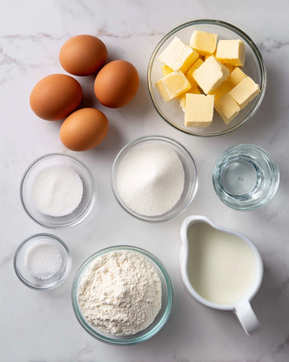 A top view of ingredients arranged on a white marbled surface, showing five brown eggs placed together in the center left, a small glass bowl of white flour at bottom right, a glass bowl with yellow butter cubes above the flour, a white measuring cup filled with white milk near the top right, a white measuring cup with clear water at bottom left, and two small glass bowls with white salt and white sugar at top left. Each ingredient is clearly labeled beside the container or item photo taken with an iphone --ar 4:5 --v 7