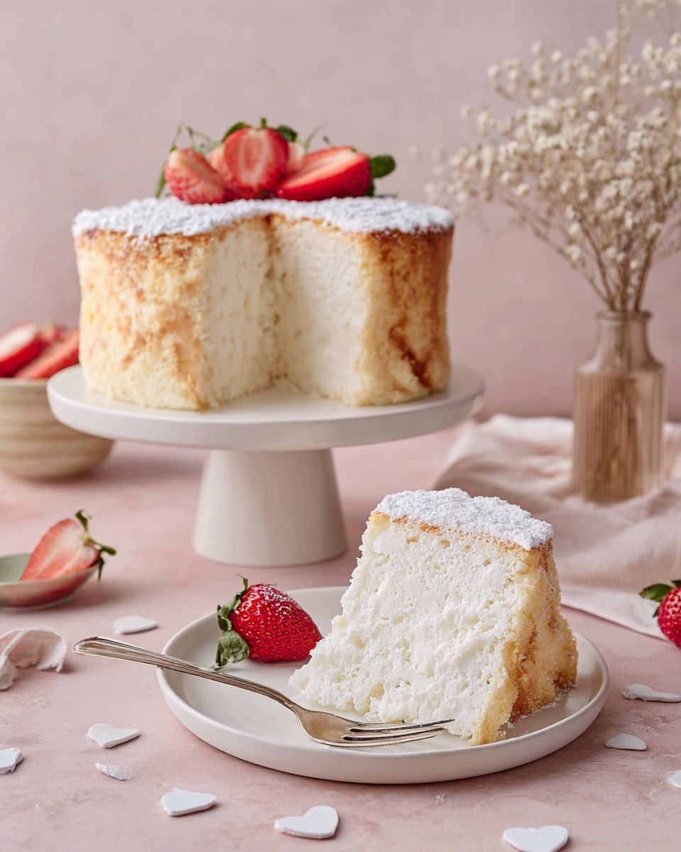 The image shows a tall, fluffy white cake with a light golden-brown crust on the outside, placed on a white cake stand. Its top is dusted with powdered sugar and decorated with fresh red strawberries. A single large slice of the cake is on a white plate in the front, revealing a soft, airy, white inside. The slice also has powdered sugar on top, and a whole strawberry lies next to it. A small fork rests on the edge of the plate. The scene is set on a pale pink surface with small white heart-shaped decorations scattered around, and a delicate vase with dried flowers stands in the background. Photo taken with an iphone --ar 4:5 --v 7