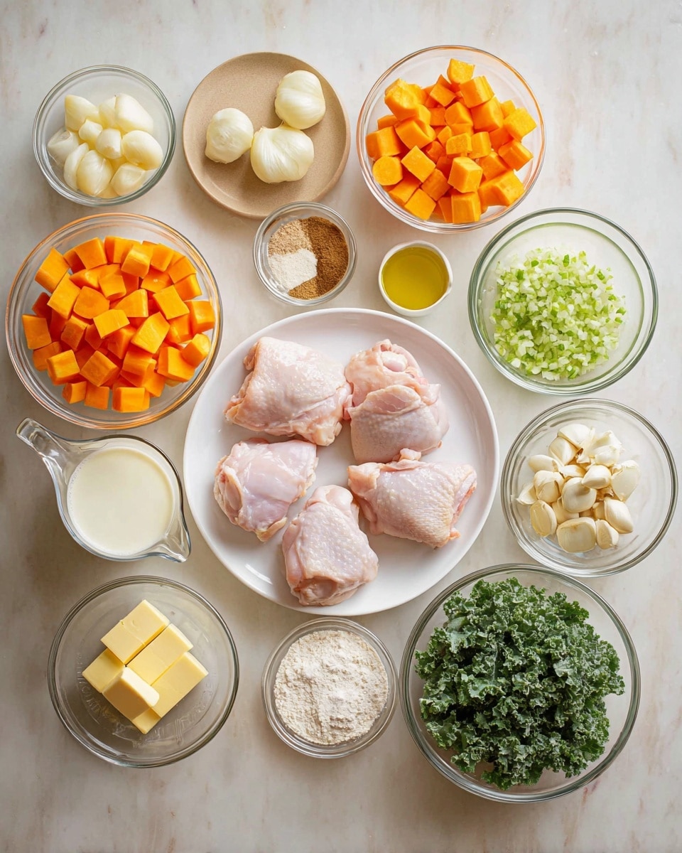 The image shows an overhead view of ingredients arranged neatly on a white marbled surface. At the center, there is a white plate with four pieces of raw pink chicken thighs. Surrounding the plate are clear glass bowls and small white dishes holding various ingredients: bright orange cubed carrots, pale gnocchi, a small glass of golden olive oil, pale yellow cubed butter on a small tan plate, fresh chopped celery in a glass bowl, cubed orange butternut squash, a glass pitcher of creamy milk, chopped white onions in a glass bowl, fresh curly green kale in a glass bowl, whole garlic cloves in a small glass bowl, light brown spices in small white dishes, and a small bowl of white flour. Everything is carefully arranged and well-lit to show the fresh colors and textures. photo taken with an iphone --ar 4:5 --v 7