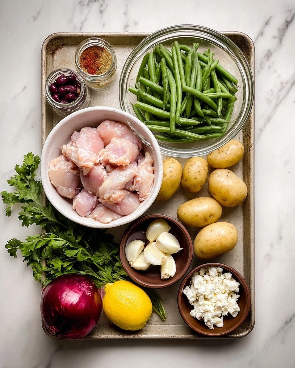 A metal tray on a white marbled surface holds several ingredients: in the bottom left, a white bowl filled with raw pink chicken pieces; to the right, a group of small yellow potatoes clustered near a whole red onion; a small white bowl with several peeled garlic cloves is placed near the potatoes; a clear glass bowl full of fresh green beans sits in the upper right corner; two small brown bowls near the center hold white crumbled cheese and dark purple olives respectively; fresh green parsley is laying beside the bowls; near the top left corner are two spice jars with red and light green spices, next to a whole yellow lemon. Photo taken with an iphone --ar 4:5 --v 7