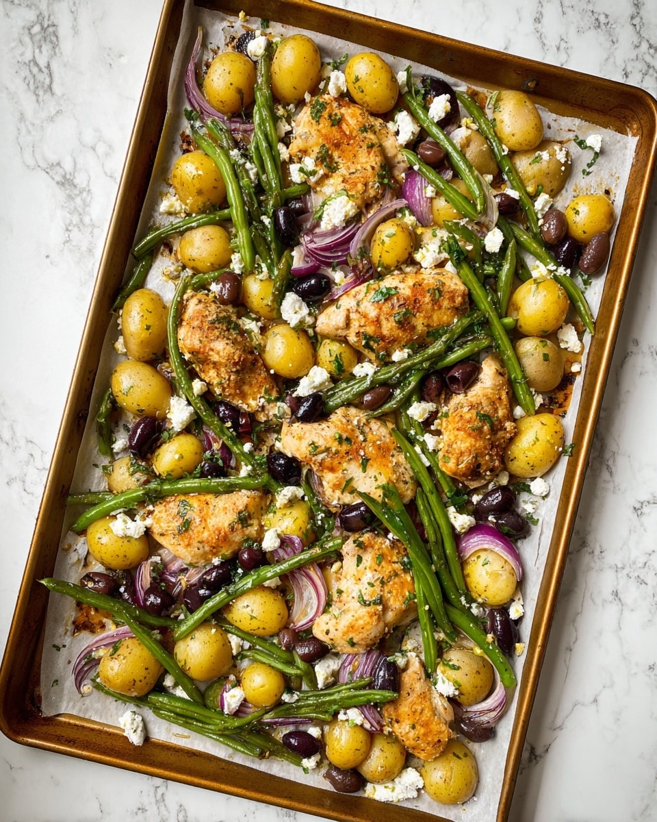 The image shows a baking sheet filled with one layer of cooked food items on parchment paper. The main layer has golden brown chicken pieces with a slightly crispy texture, spread evenly across the sheet. Surrounding the chicken are halved yellow baby potatoes, also golden with a firm texture. Long green beans are scattered freely, with some slightly wrinkled from cooking. Dark olives are dotted throughout, adding a deep purple-black color. Thin purple onion slices lie beneath and around the other ingredients. Small white crumbles of cheese are sprinkled over everything. Some green herbs are lightly scattered on top, adding touch of freshness. The baking sheet rests on a white marbled surface. photo taken with an iphone --ar 4:5 --v 7
