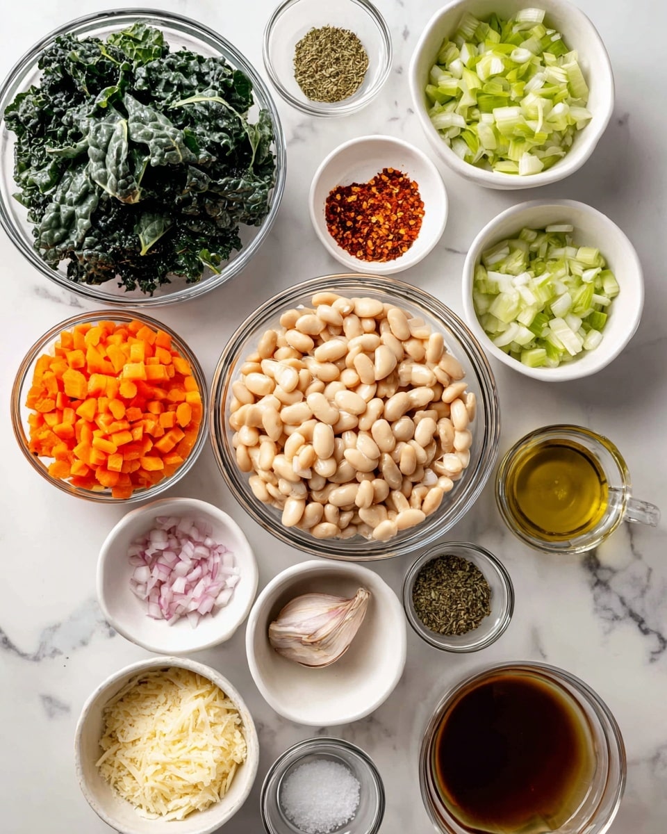 The image shows multiple clear glass and white bowls filled with various ingredients arranged on a white marbled surface. In the center is a large clear glass bowl filled with light beige white beans. Above it, to the left, is a bowl with torn dark green kale leaves, and next to the kale on the right is a white bowl with light green chopped celery. Near the top right is a small white bowl with red crushed pepper flakes. On the left side, a clear glass bowl holds bright orange chopped carrots, and above it, a smaller bowl contains finely grated pale yellow Parmesan cheese. Below the beans, from left to right, there is a tiny bowl with minced light pink shallots, a very small bowl of pale yellow chopped garlic, a small bowl with green Italian seasoning, and a small bowl of golden olive oil. A white bowl of beige diced onions sits next to the celery. At the bottom left, a small dish holds white salt and black pepper. A larger clear bowl at the bottom right contains dark amber vegetable broth. Each ingredient is clearly visible and vibrant against the white marbled surface. Photo taken with an iphone --ar 4:5 --v 7