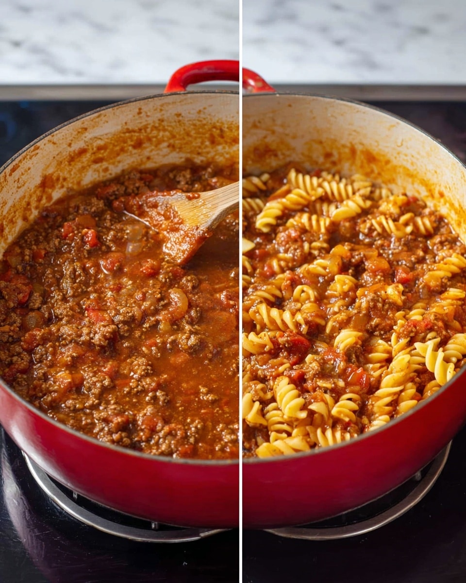 A large red pot with a white inside sits on a black stovetop with two burner circles visible. The left side shows a thick, rich brown tomato sauce with ground meat, bubbling gently while being stirred by a wooden spoon partially covered in the sauce. On the right side, the same pot is filled with the cooked mixture plus twisted pasta shapes, coated evenly with the sauce, creating a hearty textured look with bits of ground meat and tomato pieces mixed in. The background is a white marbled texture. photo taken with an iphone --ar 4:5 --v 7