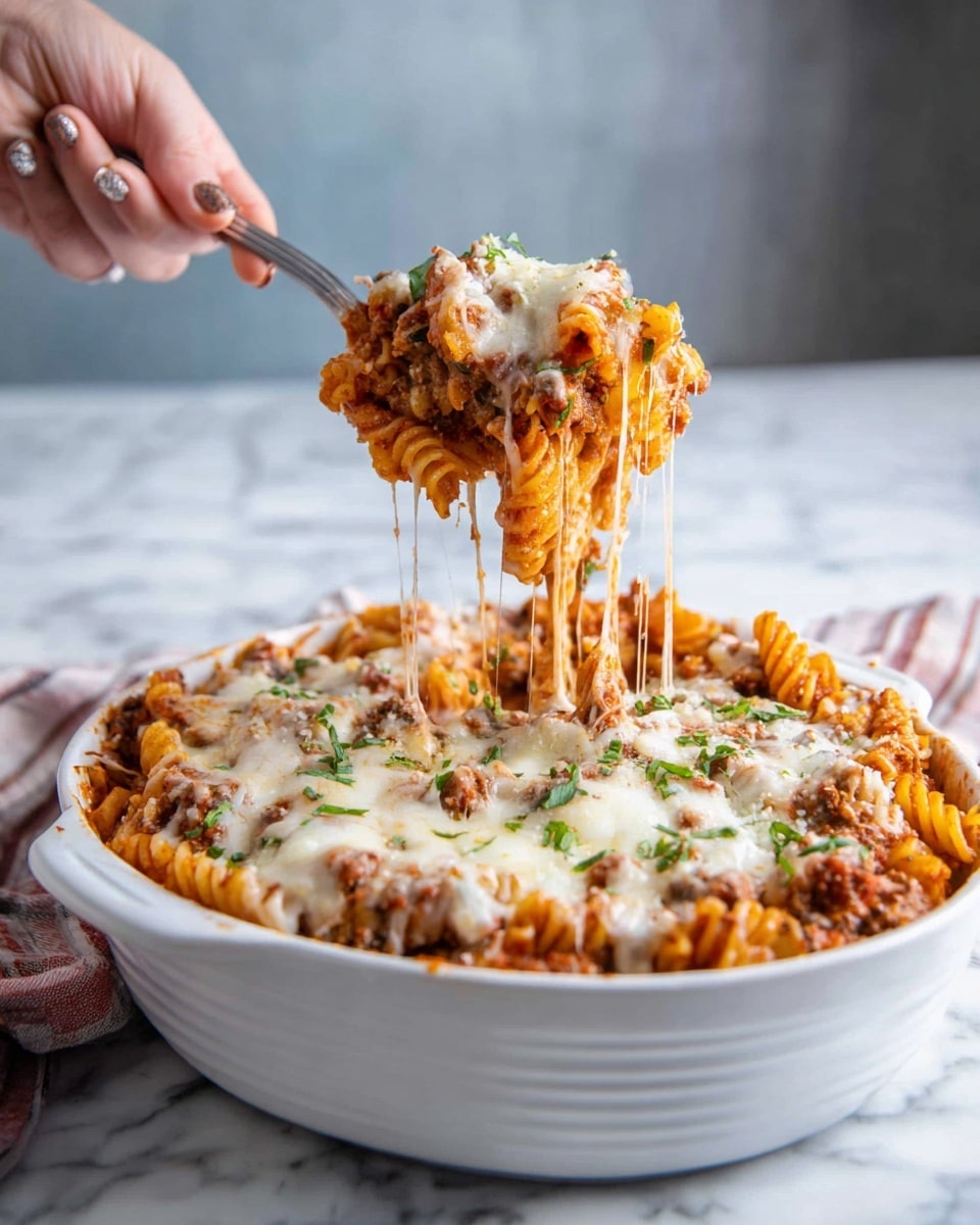 A white round dish filled with a baked pasta casserole showing three main layers: the bottom layer is curly, orange sauce-coated pasta, the middle layer has browned meat bits mixed with red tomato sauce, and the top layer is melted white cheese with light brown crispy spots and green herb strips scattered on top; a woman's hand with shiny nails holds a spoon lifting a scoop that stretches long strings of melted cheese above the dish, all placed on a white marbled surface with soft natural light coming from the side, photo taken with an iphone --ar 4:5 --v 7
