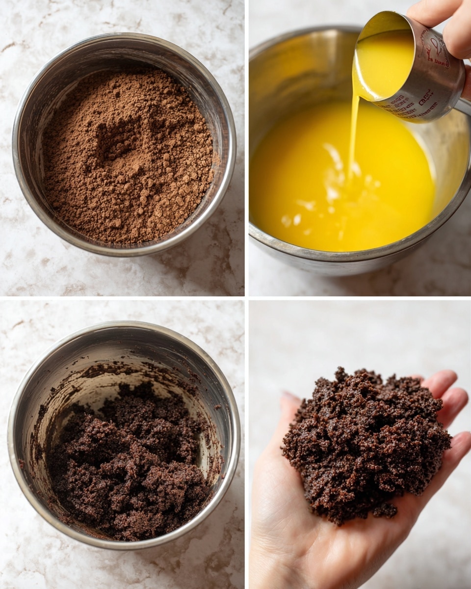 The image shows a step-by-step process of making chocolate dough in four parts. The first part has a silver bowl filled with dry brown powder with a crumbly texture. The second part shows yellow melted butter being poured from a measuring cup into the bowl with the brown powder. The third part shows a close-up of the thick, dark brown dough mixed in the bowl with a spoon. The fourth part shows a woman's hand holding a clump of the dark brown dough, showing a dense and slightly crumbly texture. The background is a white marbled texture photo taken with an iphone --ar 4:5 --v 7
