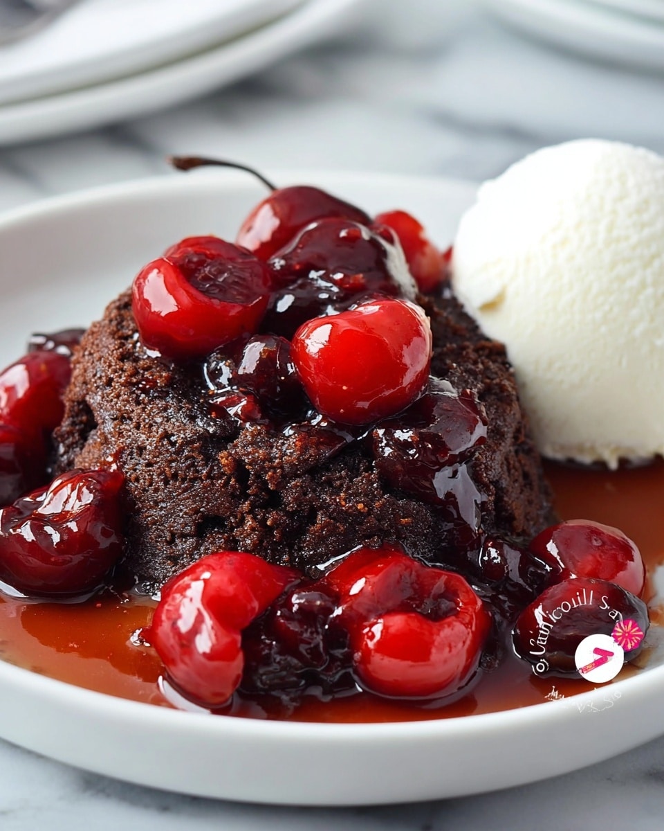 On a white plate, there is a rich dark brown chocolate dessert with a rough texture. The dessert is covered with bright red, shiny cherries in thick syrup that pools around it. In the background, a scoop of smooth white vanilla ice cream sits on the plate. The plate is placed on a white marbled surface. photo taken with an iphone --ar 4:5 --v 7