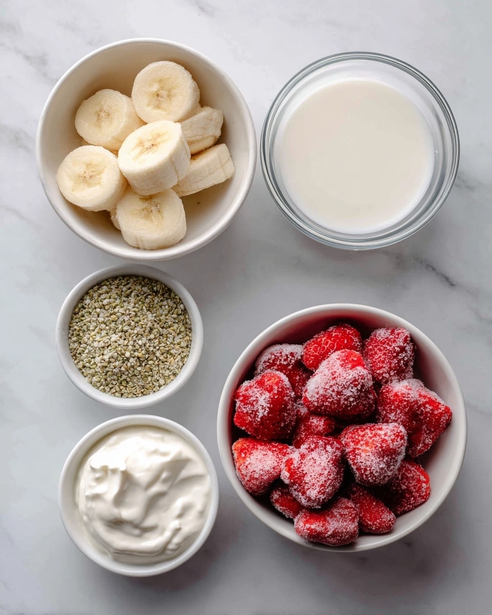The image shows five small bowls placed on a white marbled surface. One white bowl at the top left is filled with frozen banana slices, pale yellow with a frosty texture. To its right is a clear glass bowl filled with smooth white milk. Below the frozen bananas, a small white bowl holds light green hemp or flax seeds with a grainy texture. At the bottom left, a small white bowl contains thick, creamy Greek yogurt, pure white and slightly swirled. To the right of the seeds and yogurt, a slightly larger white bowl filled with frozen strawberries shows bright red strawberries coated with frost, giving a cold and fresh look. The bowls are neatly arranged with labels in black text on white backgrounds identifying each ingredient. photo taken with an iphone --ar 4:5 --v 7