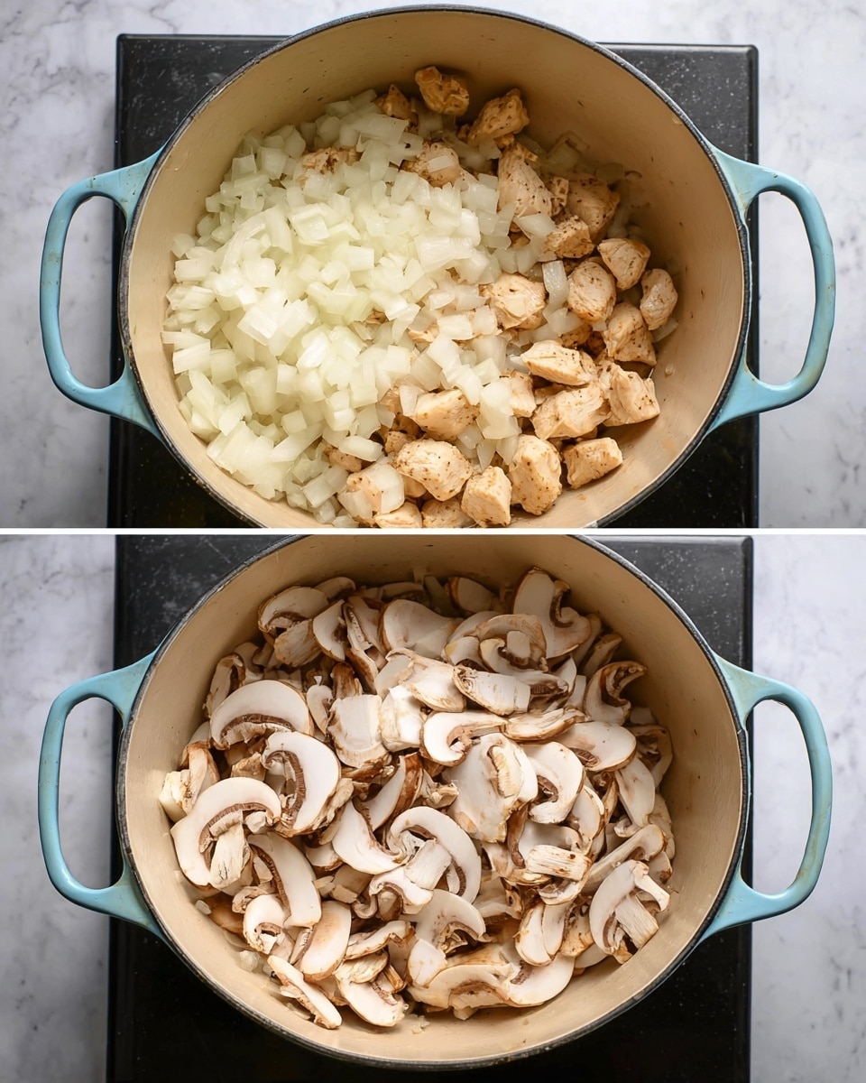 The image shows a light blue pot with a cream inside cooking surface placed on a black stovetop over a white marbled surface. In the first layer of the pot, there are small golden-brown chicken pieces scattered across the bottom, with a pile of finely chopped white onions resting on the left side. In the second layer, the chicken and onions remain visible underneath a fresh pile of roughly sliced white mushrooms, which cover most of the pot's surface. The colors include the light brown chicken, translucent white onions, and off-white mushrooms with dark gills. photo taken with an iphone --ar 4:5 --v 7