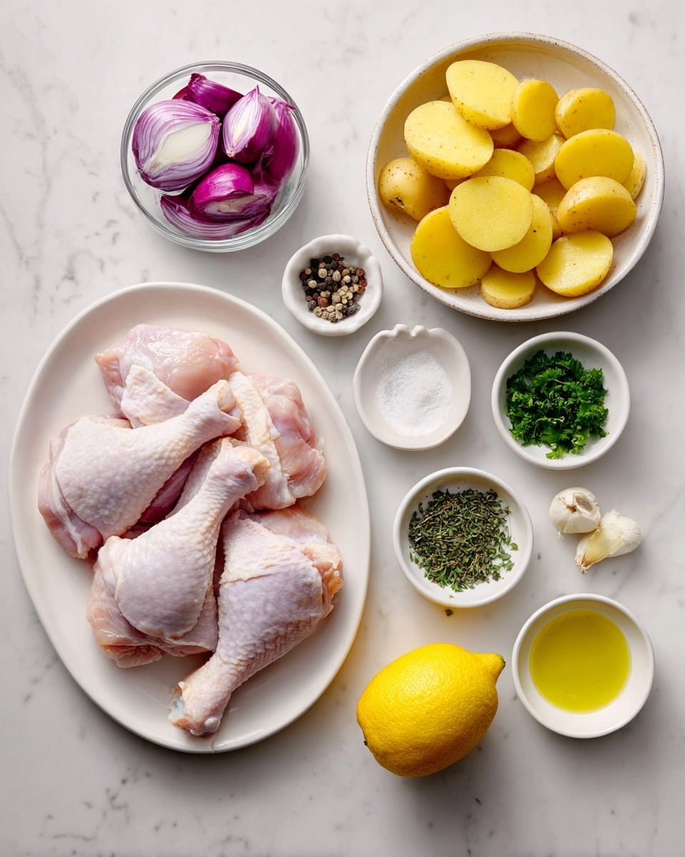 The image shows raw chicken leg quarters placed on a white oval plate on a white marbled surface. Next to it, there is a white bowl filled with round slices of yellow potatoes. Above that, a small glass bowl holds peeled and quartered purple shallots. Around these are small white bowls containing different ingredients: cracked black pepper, coarse white salt, a peeled clove of garlic, fresh green parsley leaves, and finely chopped thyme. A whole yellow lemon and a small bowl of golden olive oil complete the arrangement, all displayed neatly from top to bottom in a clean, organized style. Photo taken with an iphone --ar 4:5 --v 7