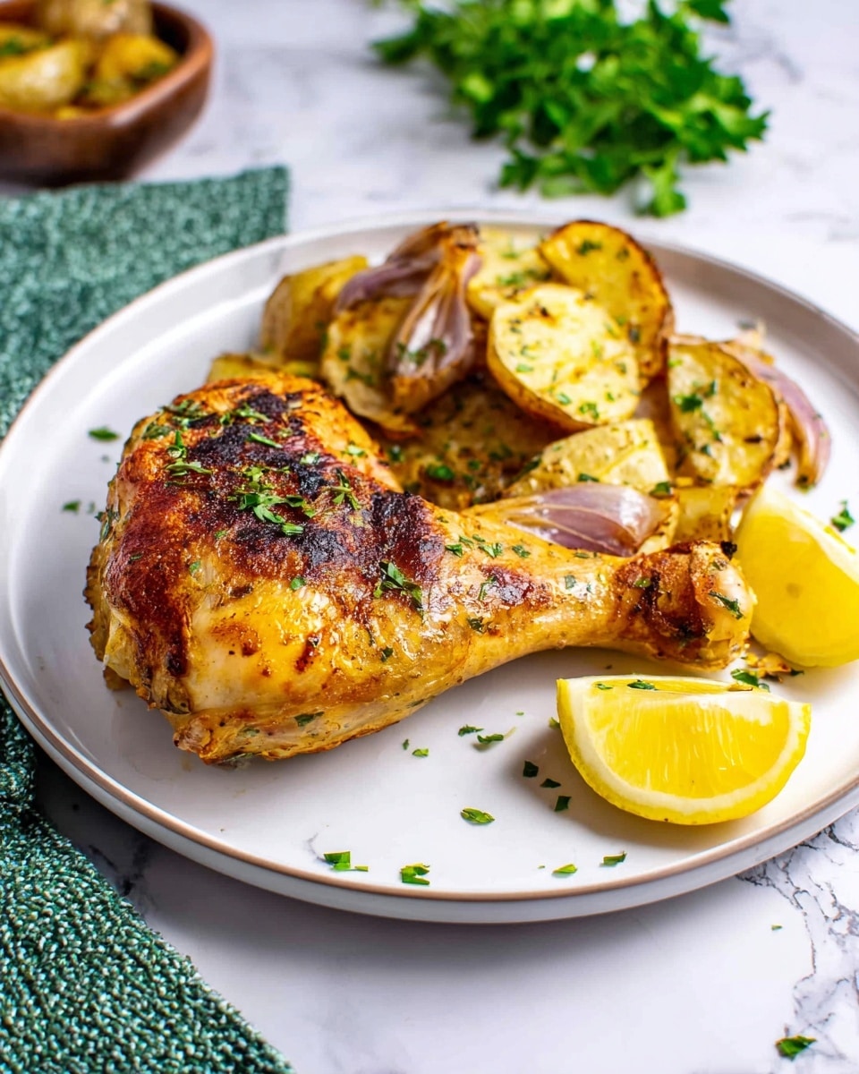 A white plate holds one large, golden brown cooked chicken leg with a crispy, slightly charred skin sprinkled with small green herbs. Behind the chicken, there is a small pile of roasted potato slices mixed with browned onion pieces, showing a mix of golden and light brown colors with a slightly crisp texture. To the right of the potatoes, two bright yellow lemon wedges rest on the plate, adding a fresh color contrast. The plate sits on a white marbled surface with some scattered small green herb leaves around it, and a green textured cloth is partially visible on the left side. Photo taken with an iphone --ar 4:5 --v 7