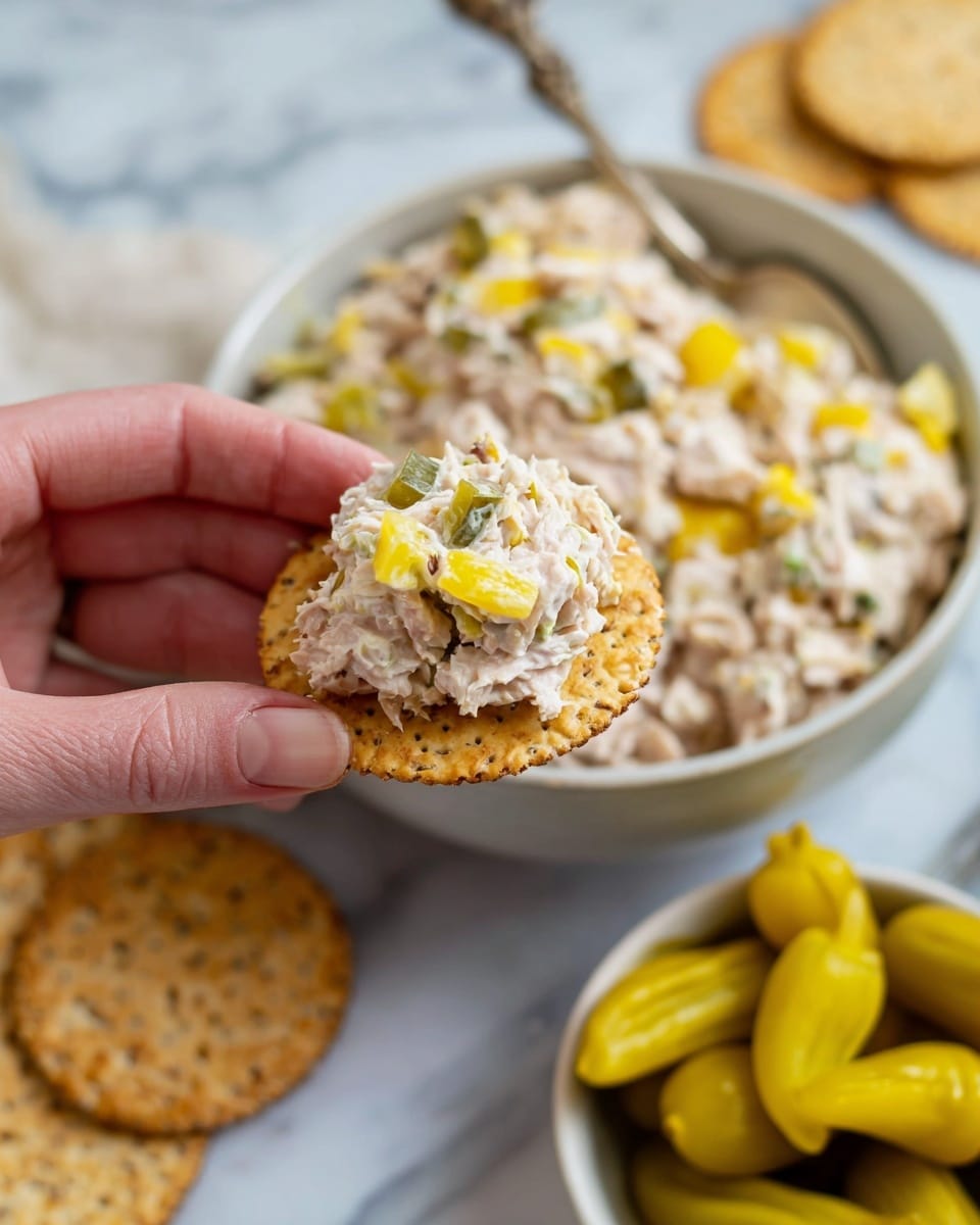 A close-up image shows a woman's hand holding a round, beige cracker topped with a thick layer of creamy tuna salad mixed with small pieces of yellow pepper and bits of green vegetable. In the background, a large white bowl filled with the same tuna salad is slightly out of focus, with a silver spoon resting inside. Surrounding the bowl are several more plain crackers and a white bowl filled with whole yellow pickled peppers on a white marbled surface. The overall tone is light and fresh, with textures of creamy salad, crunchy crackers, and smooth peppers clearly visible. photo taken with an iphone --ar 4:5 --v 7