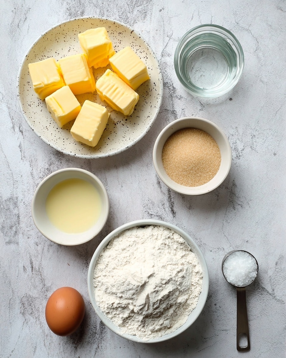 The image shows six baking ingredients on a white marbled surface in a flat lay style. At the top left is a white speckled plate filled with several cubes of yellow butter. Next to it on the right is a small clear glass container with clear liquid. Below the butter plate is a white speckled bowl with light brown sugar, beside it to the right is a small white bowl with light yellow liquid. At the bottom left sits a single brown egg on the marbled surface. To the right of the egg is a larger white bowl filled with white flour, and to the right of the flour bowl is a metal measuring spoon holding a small amount of salt. All items are arranged neatly with some space between them photo taken with an iphone --ar 4:5 --v 7