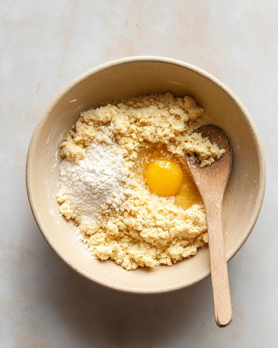A beige mixing bowl contains dry crumbly dough as the main layer, light yellow and rough in texture, filling most of the bowl. On top of the dough, on the right side, there is a bright yellow raw egg yolk with some clear egg white spreading slightly around it. To the left of the egg, there are two small piles of fine white powders, likely sugar and flour, each with a smooth texture. A light wooden spoon with a rounded edge rests inside the bowl on the right side, touching the dry dough and egg. The bowl sits on a white marbled surface. photo taken with an iphone --ar 4:5 --v 7