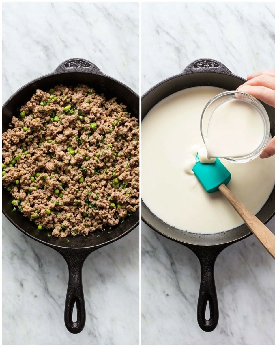 The image shows two side-by-side photos on a white marbled surface. On the left, a black skillet is filled with cooked ground meat mixed with small pieces of green herbs, giving a mix of light brown and green colors with a crumbly texture. On the right, the same black skillet is shown with a smooth, creamy white sauce inside. A woman's hand is holding a small glass cup, pouring more creamy white liquid into the skillet while a teal spatula stirs the sauce. photo taken with an iphone --ar 4:5 --v 7