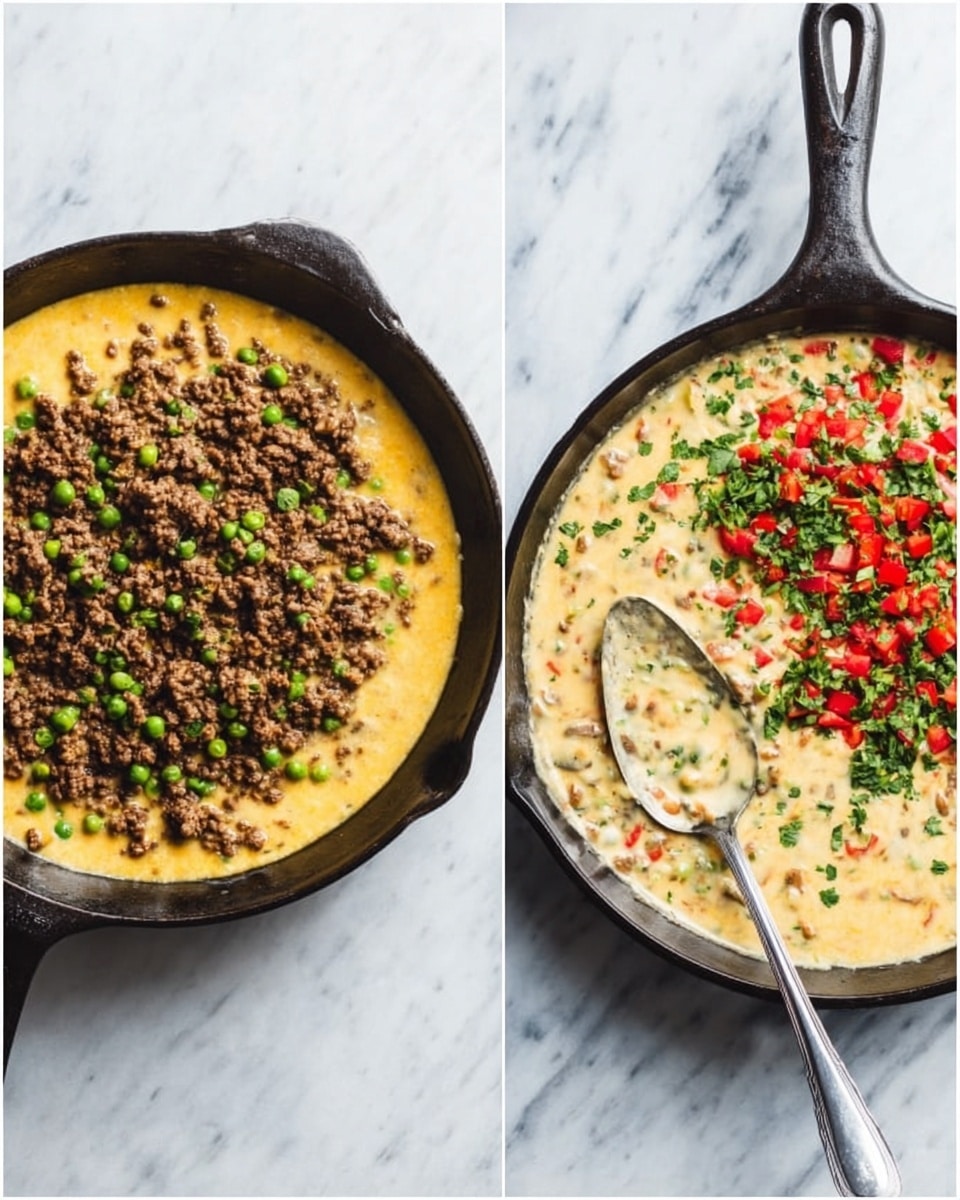 The image shows two black cast iron skillets on a white marbled surface. The skillet on the left has a yellow creamy sauce as the base layer, topped with evenly spread cooked ground meat mixed with green peas and small bits of a brown ingredient. The skillet on the right has the same yellow creamy base, but only half is covered with diced red and green vegetables, with some fresh green herb sprinkles scattered around. A large silver spoon rests inside the skillet on the right. photo taken with an iphone --ar 4:5 --v 7