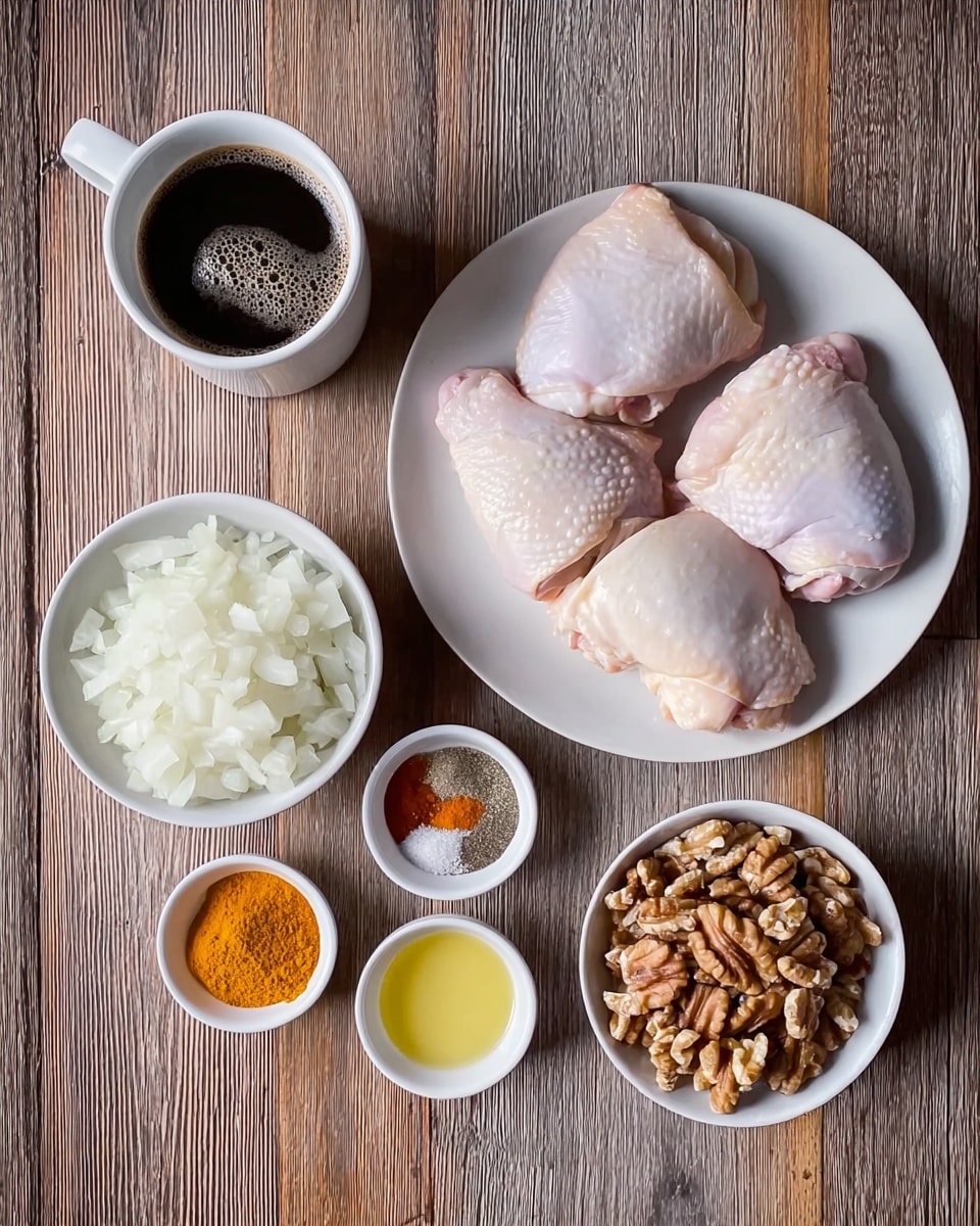 The image shows a top view of ingredients neatly arranged on a wooden surface. On the right is a white round plate holding four raw chicken thighs with pale pink skin. To its left, a larger white bowl is filled with finely chopped white onions. Above this bowl, a white cup is filled with black coffee showing light foam on top. Surrounding the bowls and plate are five small white dishes holding various spices and seasonings: one with yellow powder, one with orange powder, one with black pepper, one with a yellow liquid, and one with salt mixed with red powder. A small bowl on the right holds broken walnut halves. The setup appears clean and organized photo taken with an iphone --ar 4:5 --v 7