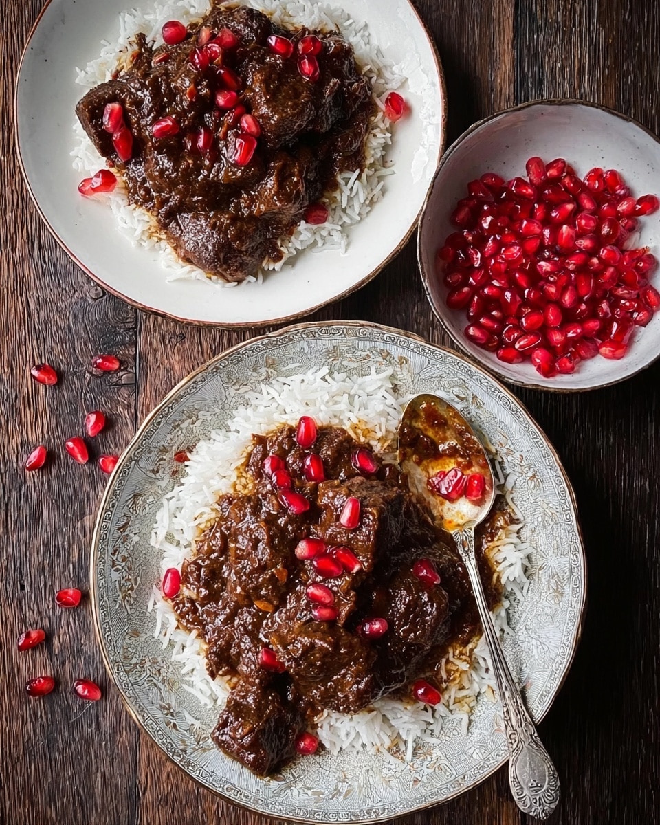 The image shows two white plates of cooked white rice with a thick dark brown sauce with chunks of meat on top, garnished with bright red pomegranate seeds scattered over the sauce and rice. One plate has a silver spoon resting on the right side with some sauce on it. There is also a white bowl filled with many red pomegranate seeds placed near the plates. The dishes sit on a dark wooden surface. photo taken with an iphone --ar 4:5 --v 7