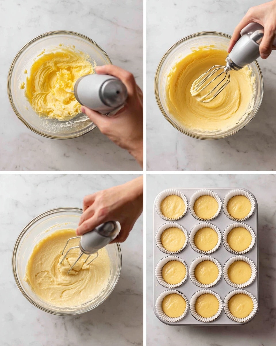 A set of four images showing step-by-step cupcake batter mixing and filling. The first image shows a woman's hand holding a clear glass bowl with pale yellow butter being mixed with an electric mixer over a white marbled surface. The second image shows the mixer blending a smoother, more yellow mixture in the bowl, with a woman's hand steadying the bowl. The third image displays the batter in the bowl fully mixed, creamy and thick with light yellow color, with a woman's hand on the bowl and the mixer inside. The last image shows a woman's hand holding a white cupcake tray lined with white paper cups, filled evenly with the pale yellow batter using a silver ice cream scoop, all placed on the white marbled texture surface. Photo taken with an iphone --ar 4:5 --v 7