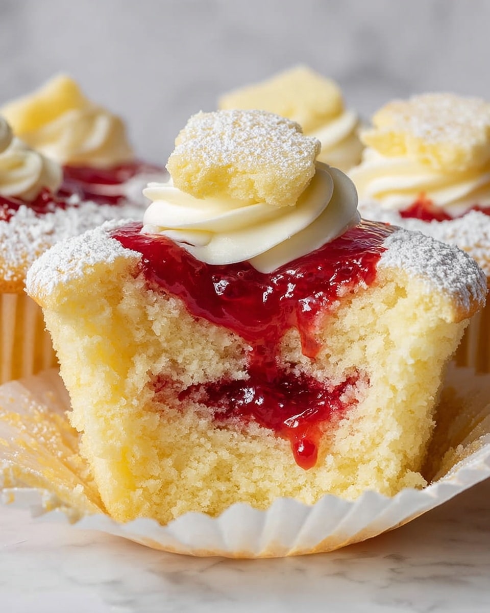 The image shows a close-up of a light yellow cupcake with three main layers. The bottom layer is soft, crumbly cake with a pale yellow color. Above it, there is a smooth cream layer that looks fluffy and white. On top of that, there is a layer of bright red jam dripping slightly, adding a glossy contrast. The cupcake is partly covered with a white powdered sugar dusting and decorated with a small piece of pale yellow cake on top. The cupcake sits inside a white paper cup on a white marbled surface. Photo taken with an iphone --ar 4:5 --v 7