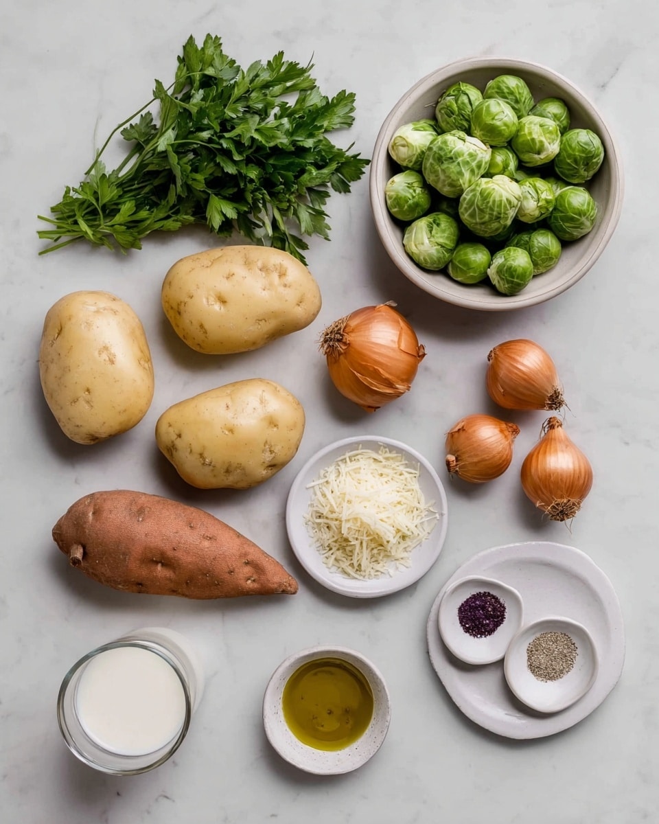 The image shows a white marbled surface with fresh raw ingredients neatly arranged. There are three large pale yellow potatoes and three medium orange sweet potatoes on the left side. A bunch of bright green parsley sits at the top left corner. To the right, there is a white bowl filled with green Brussels sprouts. Next to it are two brown shallots and a small white bowl holding finely grated pale yellow Parmesan cheese. Near the bottom center is a small clear glass container of white milk and a tiny white dish with golden olive oil. Close by is a small white plate with two purple garlic cloves and another white plate divided into two halves holding white salt and black pepper. Everything is spaced and organized cleanly on the white marbled surface. photo taken with an iphone --ar 4:5 --v 7