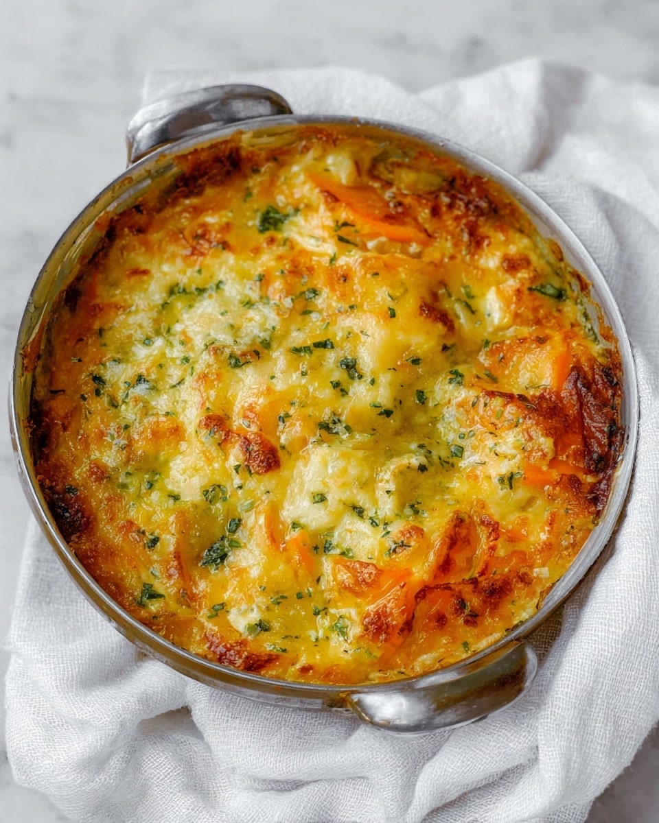The image shows a round, silver pot filled with a baked dish that has around four visible layers. The top layer is golden-yellow melted cheese with some browned spots and green herbs scattered across, giving it a slightly lumpy texture. Beneath the cheese, there are soft, orange pieces that appear to be vegetables in a sauce, layered with creamy light yellow portions mixed with bits of green herbs. The pot is placed on a soft white cloth, and the whole scene rests on a white marbled surface. photo taken with an iphone --ar 4:5 --v 7
