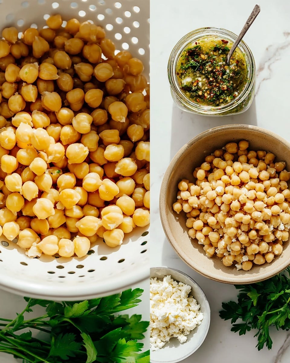 The image shows two parts: on the left, there is a close-up of light golden chickpeas in a white colander with small holes, showing their smooth and round shapes clearly. On the right, there is a white marbled surface with a beige bowl full of the same light golden chickpeas placed in the center. Above the bowl is a small glass jar filled with a green sauce with visible red and dark green small pieces. A silver spoon is inside the jar. To the bottom right side of the bowl, there is a smaller white bowl containing crumbled white cheese. Fresh green parsley with vibrant leaves is placed near the bowl on the white marbled surface. The scene is bright with natural light. photo taken with an iphone --ar 4:5 --v 7
