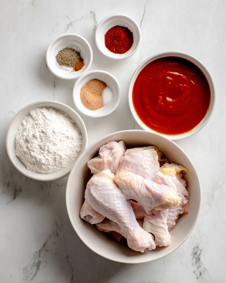 The image shows four white bowls placed on a white marbled texture surface, each containing different ingredients. The largest bowl, at the bottom, is filled with raw chicken drummettes that are pale pink with some yellowish skin parts. Above it to the right is a small bowl with smooth, bright red buffalo sauce. Above the sauce is another small bowl divided into five sections, holding various powdered spices in distinct colors: dark red, white, light brown, dark brown, and beige. To the left of the sauce bowl is a small bowl containing white potato starch with a powdery texture. The composition is clean and well-organized, with clear text labels on each bowl naming the contents photo taken with an iphone --ar 4:5 --v 7