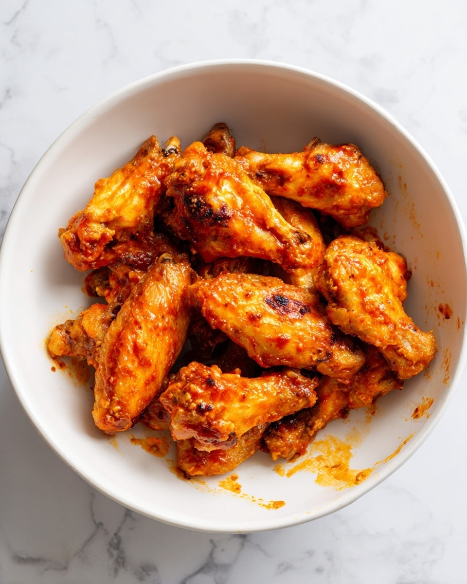 The image shows a white bowl filled with about a dozen chicken wings covered in a reddish-orange sauce. The wings are piled loosely inside the bowl, and the sauce is spread unevenly along the sides of the bowl, with some streaks and smears visible. The chicken wings have a slightly crispy texture with darker spots where the sauce is thicker. The background is a clean white marbled surface, giving a bright and fresh look. photo taken with an iphone --ar 4:5 --v 7