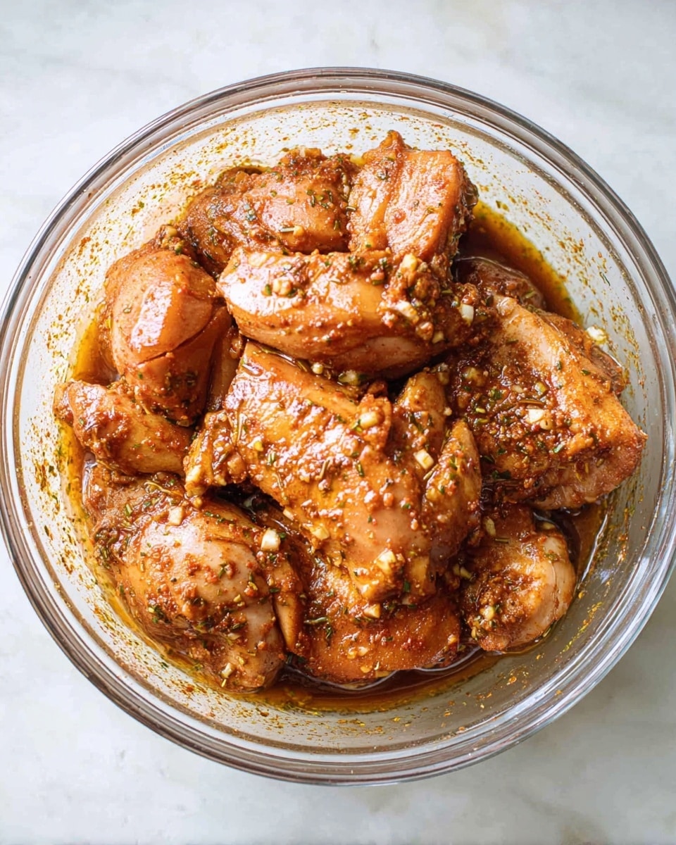 A clear glass bowl filled with marinated chicken pieces sits on a white marbled surface. The chicken has a reddish-brown coating of spices and herbs, with some pieces stacked slightly on top of each other, showing a shiny, moist texture. The marinade has a smooth, oily look with visible small bits of herbs scattered through it. The bowl is round and deep, containing several pieces of chicken close together. photo taken with an iphone --ar 4:5 --v 7