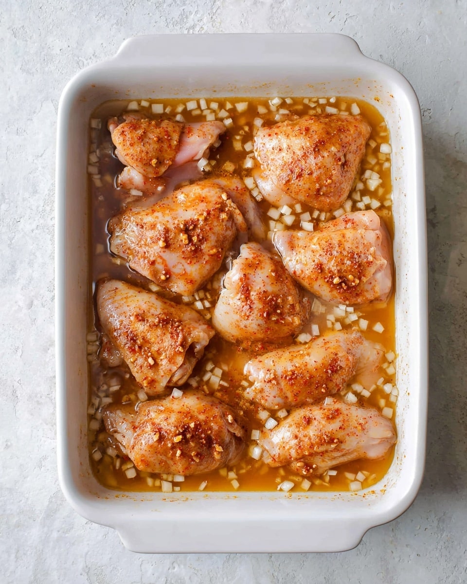 A white rectangular ceramic baking dish filled with eight pieces of raw chicken thighs sitting in a light, cloudy marinade. The chicken thighs are coated with a reddish-brown spice mix that floats on top of the liquid. The marinade contains small white diced onion pieces scattered evenly throughout the dish. The dish is placed on a white marbled textured surface. photo taken with an iphone --ar 4:5 --v 7