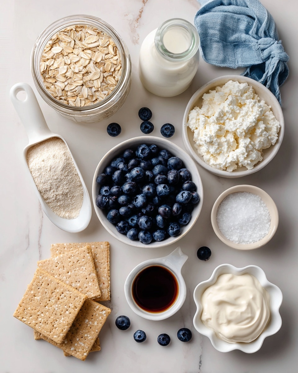 The image shows several ingredients arranged on a white marbled surface. At the top left, there is an open glass jar filled with light tan rolled oats, next to a white scoop also filled with rolled oats. Below that is a small glass milk bottle with a blue cloth tied around its neck. Near the center, a white bowl holds fresh, dark blue blueberries, with some loose ones scattered around it. To the upper right of the blueberries, a white bowl contains a white creamy cottage cheese. Above that, a small white bowl holds fine white salt. Just below the salt, a small white cup with a dark brown liquid labeled vanilla extract stands out. Towards the bottom right, cream cheese is displayed on a white flower-shaped dish, showing its smooth, soft texture. Next to it are four square graham crackers arranged in a neat stack. At the bottom left, a white bowl contains light beige optional protein powder. All items are organized neatly giving a clean and fresh look. Photo taken with an iphone --ar 4:5 --v 7