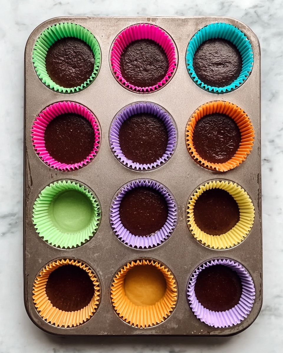 A metal baking tray holds twelve cupcake liners filled with dark chocolate batter. The liners are arranged in a 3x4 grid, each filled almost to the top. The liners are colorful, including green, pink, turquoise, purple, yellow, and orange, distributed evenly across the tray. The smooth, glossy chocolate batter contrasts with the bright, matte paper liners. The tray sits on a white marbled surface. photo taken with an iphone --ar 4:5 --v 7