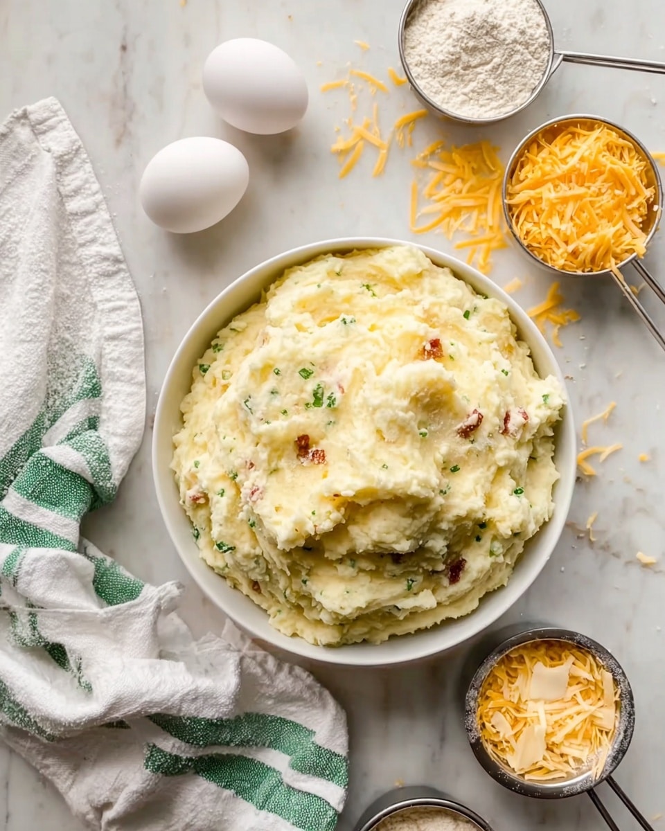 A white bowl is filled with creamy mashed potatoes mixed with small pieces of green herbs and red bits, giving it a textured look. Around the bowl on a white marbled surface are two white eggs, a small pile of shredded orange cheese, and three measuring cups containing flour and shredded pale cheese. A white towel with green stripes is loosely folded next to the bowl. The scene is softly lit and neat. photo taken with an iphone --ar 4:5 --v 7