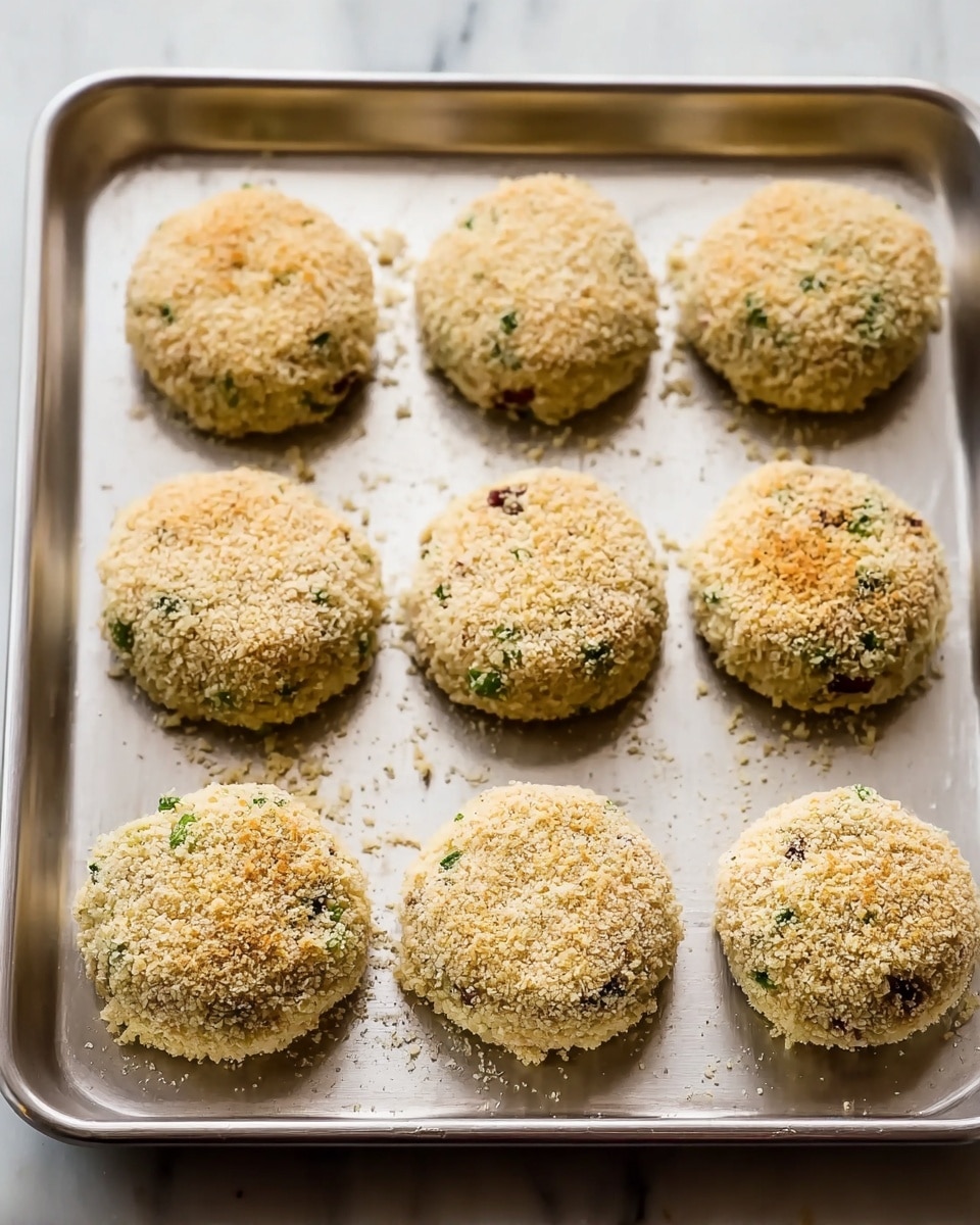 The image shows nine round patties covered in a light beige crumb coating sitting on a silver baking tray. Each patty is about an inch thick and roughly textured with small bits of green and darker colored ingredients visible through the crumbs. The patties are spaced apart evenly on the tray against a white marbled surface background. The crumb layer looks dry and grainy, giving the patties a rough appearance. Photo taken with an iphone --ar 4:5 --v 7