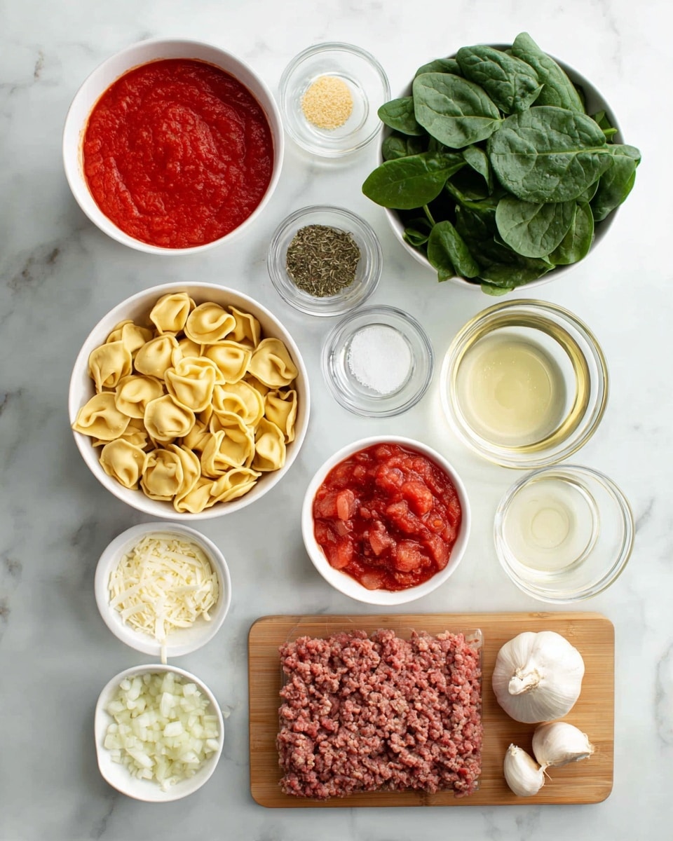 The image shows an overhead view of various ingredients arranged neatly on a white marbled surface. There is a white bowl filled with bright red tomato sauce at the top center, next to a white bowl of fresh, dark green spinach leaves on the right. Below the tomato sauce is a small glass bowl with dried herbs, and next to it on the right is another small glass bowl with clear liquid. A white bowl filled with light yellow tortellini pasta is centered below the herbs and liquid. To the left of the tortellini is a white bowl of finely chopped white onions, and below that is a small glass bowl of salt. A small glass bowl containing minced garlic sits left of the tortellini, above a white bowl filled with chunky red tomatoes in sauce. At the bottom right is a wooden cutting board holding a flattened layer of ground meat with visible chunks of white fat, and near it are two cloves of garlic and a whole bulb of garlic. Two small cloves are visible near the garlic bulb. The whole scene is clean and organized. Photo taken with an iphone --ar 4:5 --v 7