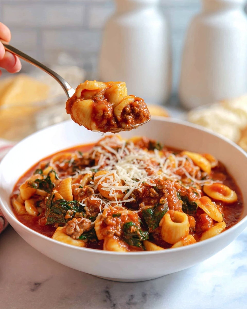 The image shows a white bowl filled with a rich red tomato sauce with pasta and small pieces of cooked meat mixed in. The pasta pieces are light yellow with a smooth texture, and there are visible bits of green leafy vegetables scattered on top, along with a light sprinkle of shredded white cheese. A spoon is held above the bowl by a woman's hand, carrying a scoop of the same pasta, meat, sauce, and cheese mix. The background has a soft focus with white jars and a white marbled surface. photo taken with an iphone --ar 4:5 --v 7