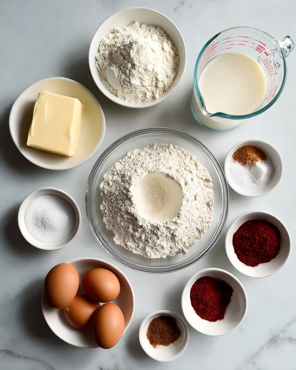 The image shows an overhead view of several white bowls and a glass measuring cup arranged in a circle on a white marbled surface. In the center, a large clear glass bowl holds white flour with a small hollow in the middle. Surrounding it are white bowls containing white sugar, a block of yellow butter, three brown eggs, white granulated powder, salt, and a mix of red and brown powdered spices. The glass measuring cup contains a pale milk liquid. All items are evenly spaced, creating a neat and organized composition. photo taken with an iphone --ar 4:5 --v 7
