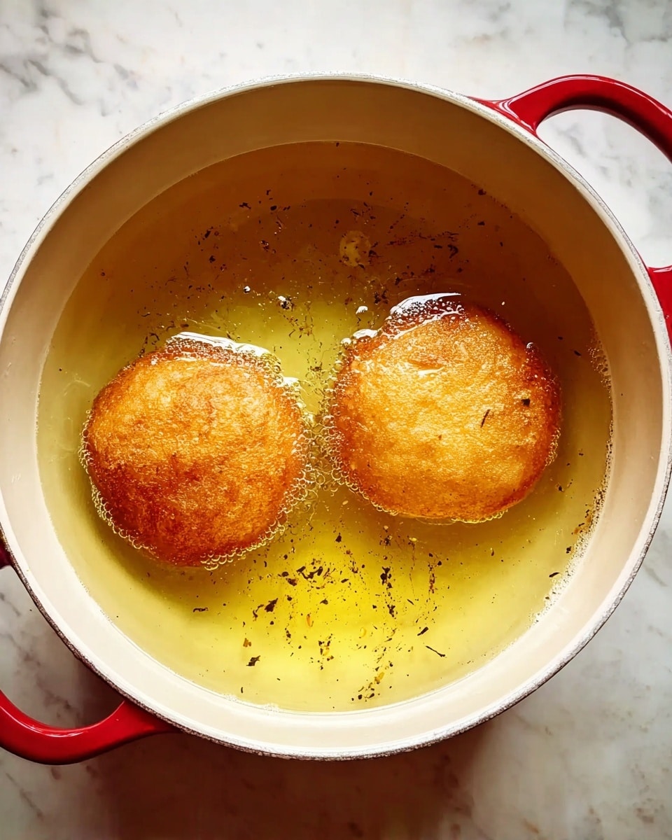 The image shows two golden brown round dough pieces frying in a white pot filled with hot light yellow oil, small bubbles and dark specks float around the dough. The pot has a red handle and is placed on a white marbled surface. Photo taken with an iphone --ar 4:5 --v 7