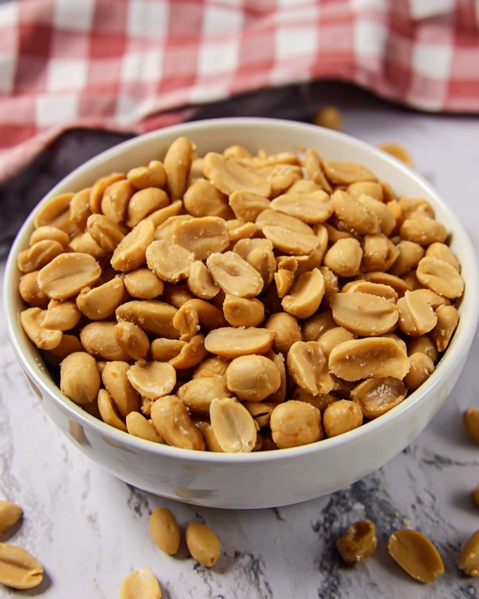 A white bowl is filled with golden brown roasted peanuts, some whole and some halved. The peanuts have a smooth and slightly shiny texture from roasting, closely packed and filling the bowl to the top. The bowl is placed on a white marbled surface with a checkered cloth in the background. Photo taken with an iphone --ar 4:5 --v 7