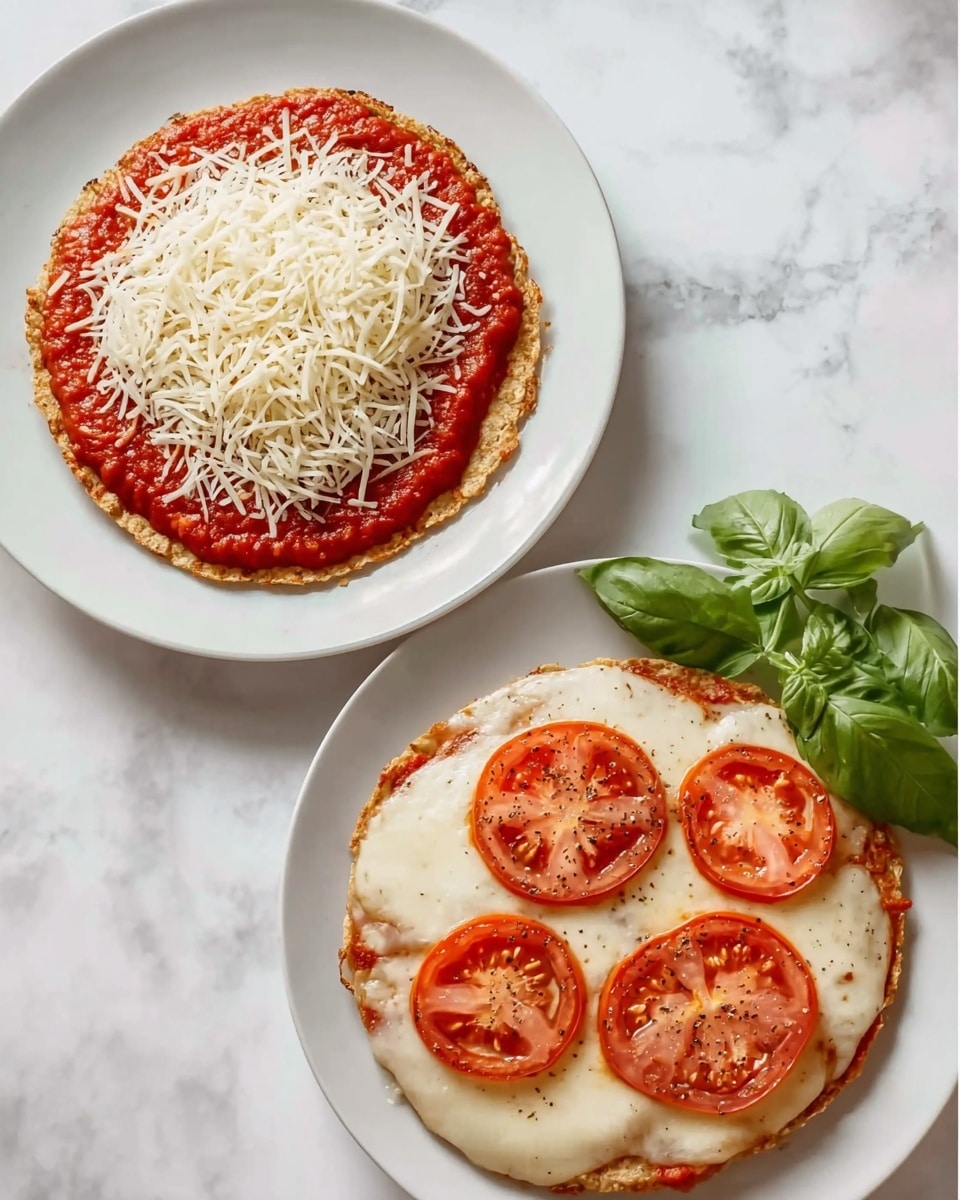The image shows two white plates on a white marbled surface. The plate on the left holds a single round pizza crust with a thick layer of bright red tomato sauce spread evenly across it. On top of the sauce, there is a pile of shredded white cheese centered in the middle. The plate on the right contains a similar round pizza crust with a melted layer of white cheese covering it fully, topped by four round slices of tomato arranged in a square shape with visible seeds and slight seasoning of black pepper. Beside the pizza on this plate, there is a small bunch of fresh green basil leaves. Photo taken with an iphone --ar 4:5 --v 7
