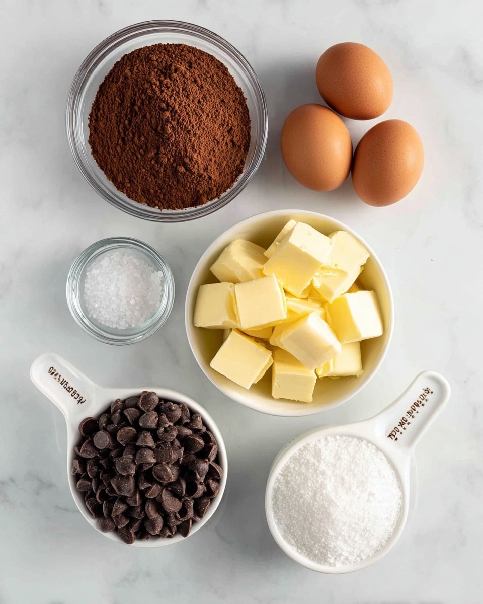 The image shows six small containers of ingredients arranged on a white marbled surface. At the top left, there is a glass bowl filled with brown cocoa powder. To its right, there are three brown eggs placed closely together. Below the cocoa powder, a small glass bowl is filled with white coarse salt. In the center, a white bowl holds thick, yellow chunks of butter. At the bottom left, a white measuring cup is full of dark chocolate chips. To the right of that, another white measuring cup holds fine white sugar. Each container is clearly visible with neat spacing between them. Photo taken with an iphone --ar 4:5 --v 7