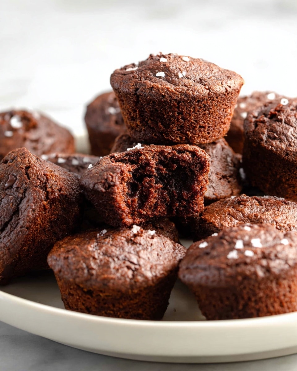A white plate filled with small, rich brown chocolate muffins stacked casually on top of each other. The muffins have a rough, cracked texture on their surface, showing a soft, moist inside, especially one muffin in the center that is bitten, revealing a dense and slightly crumbly interior. The tops of the muffins are sprinkled with a few white flakes, adding a slight contrast in color. The white marbled surface underneath and the bright light enhance the deep brown color and texture of the muffins. photo taken with an iphone --ar 4:5 --v 7